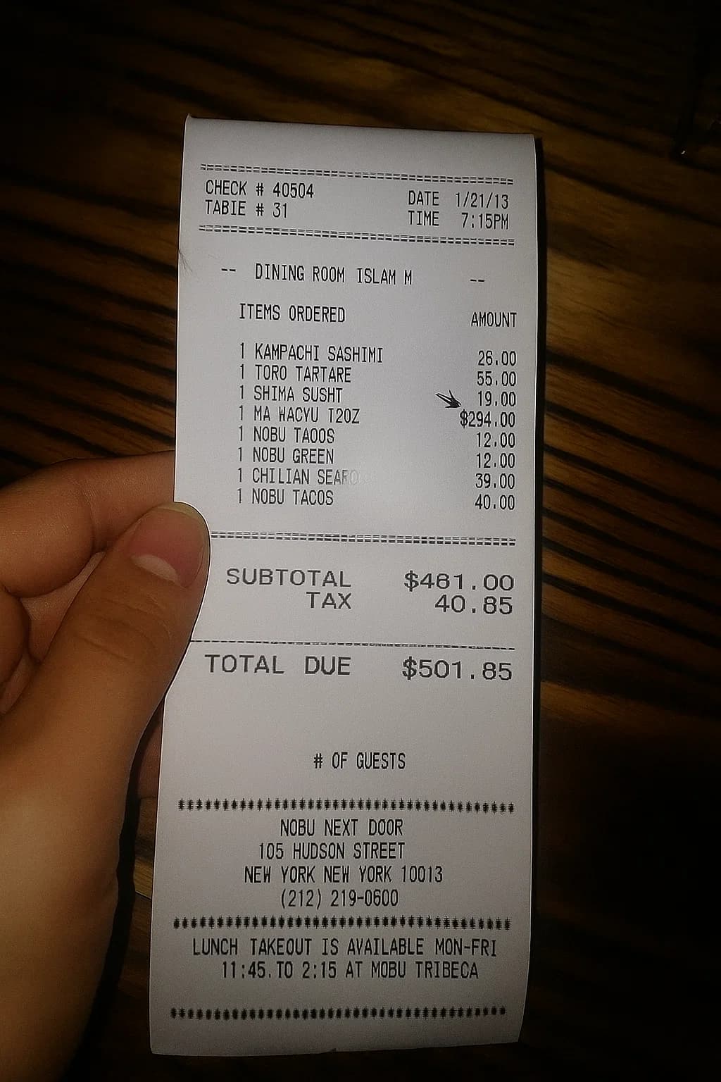 Nobu Restaurant Receipt
